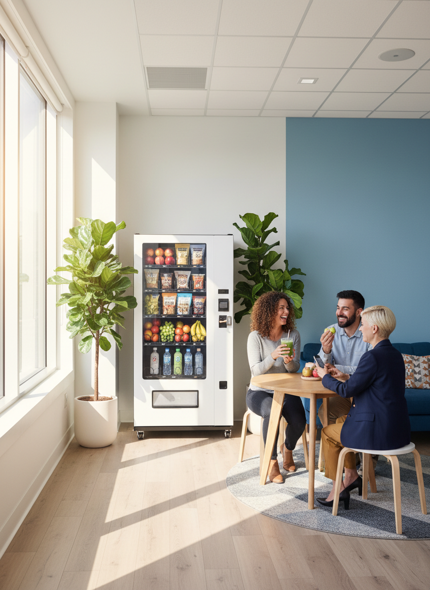 Cheerful employees chatting by a healthy office vending machine