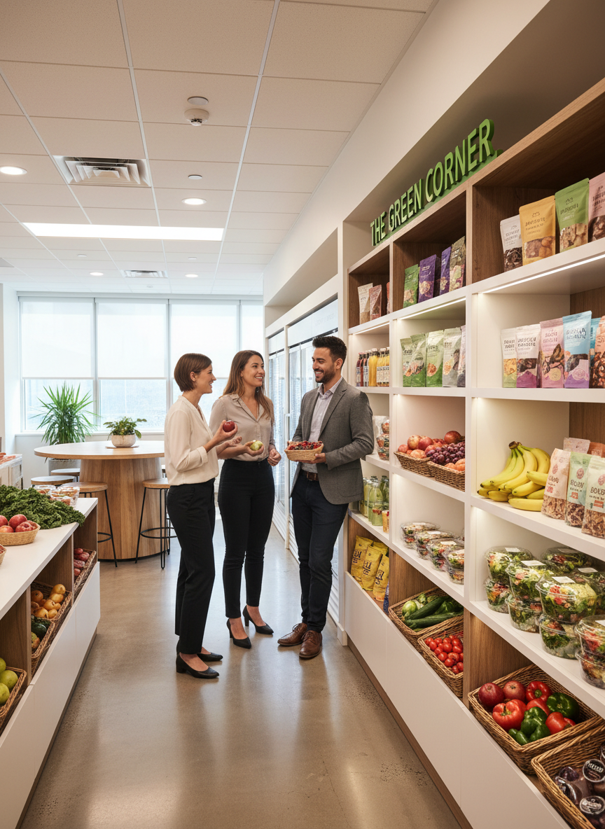 Smiling coworkers browsing a fresh office micro-market