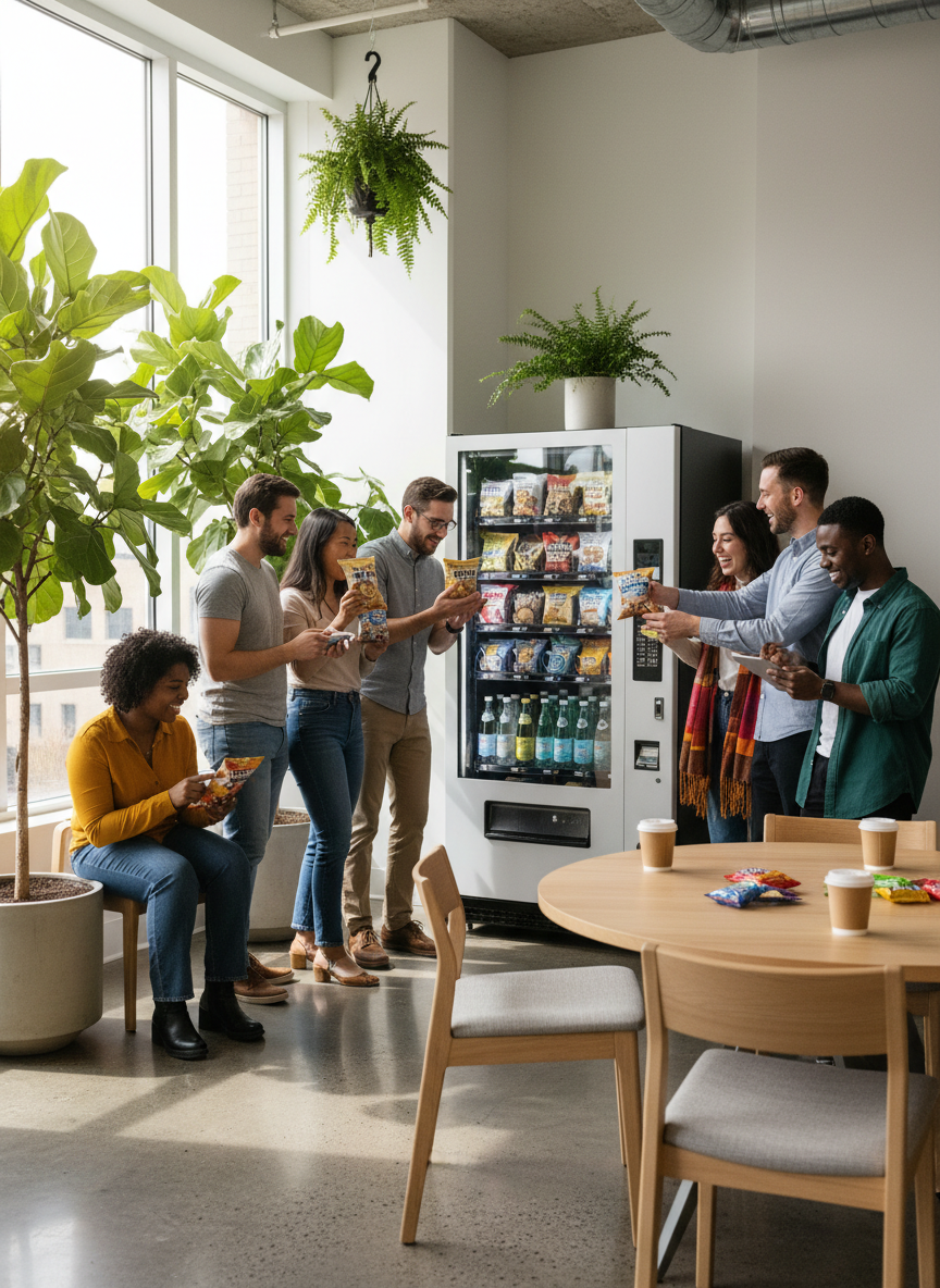 Happy coworkers gathered around a vending machine, sharing snacks and laughing