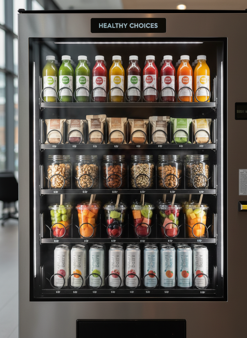Modern vending machine with healthy snack options including fresh juices, protein bars, and sparkling water