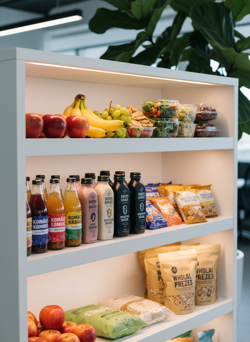 Beautifully arranged micro-market shelf with fresh fruits, salads, kombucha, and wholesome snacks