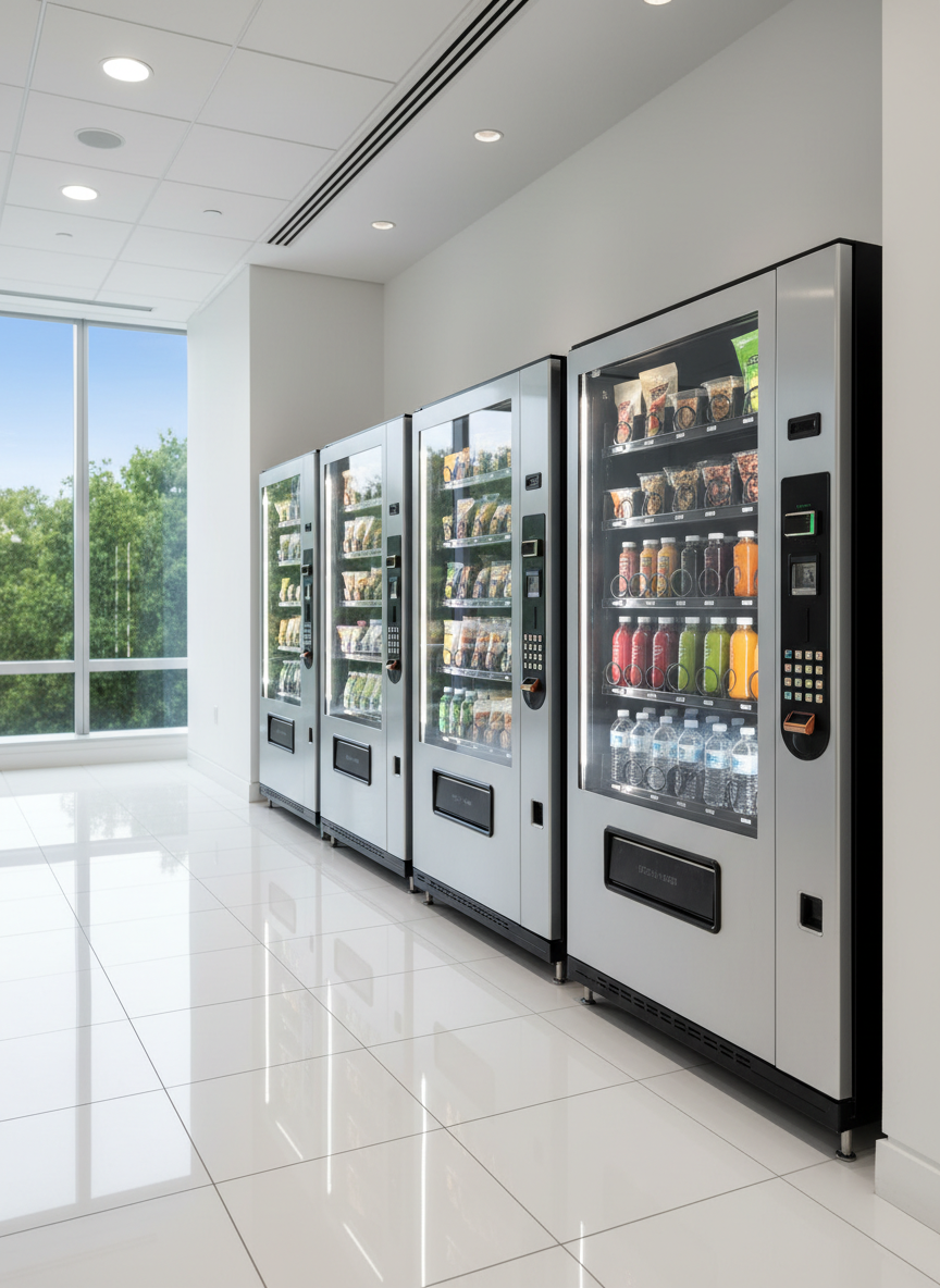Row of sleek modern vending machines in a bright contemporary corporate office hallway with healthy options