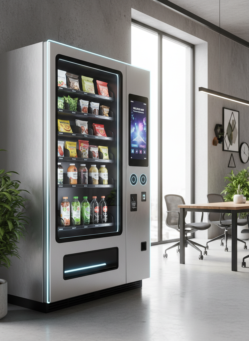A futuristic AI-powered vending machine in a sleek modern office break room. The machine features a large interactive touchscreen display with AI interface elements, smart sensors, ambient LED lighting, and a clean minimal industrial design. The machine is stocked with healthy snacks, fresh drinks, and wholesome options visible through a clear panel. Bright, professional setting with soft natural light. No people. Ultra-modern, cutting-edge aesthetic.