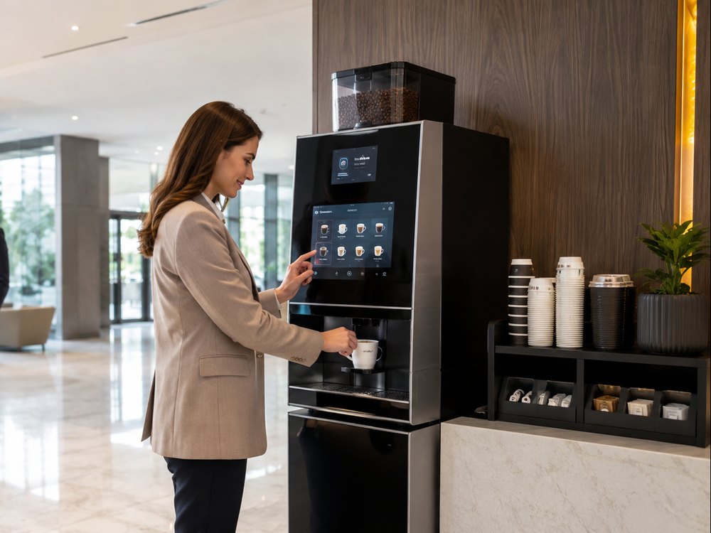 An office worker selecting a drink on the touchscreen of a bean-to-cup coffee machine, with cups and supplies stocked alongside